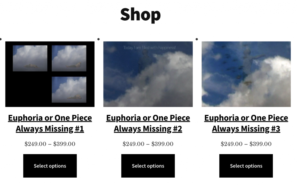 A screenshot of three art prints from my "Euphoria or One Piece Always Missing" series, set up for sale on my online art store at store.ellajoseph.net