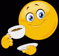 Happy face emoji cheering with a cup of coffee.